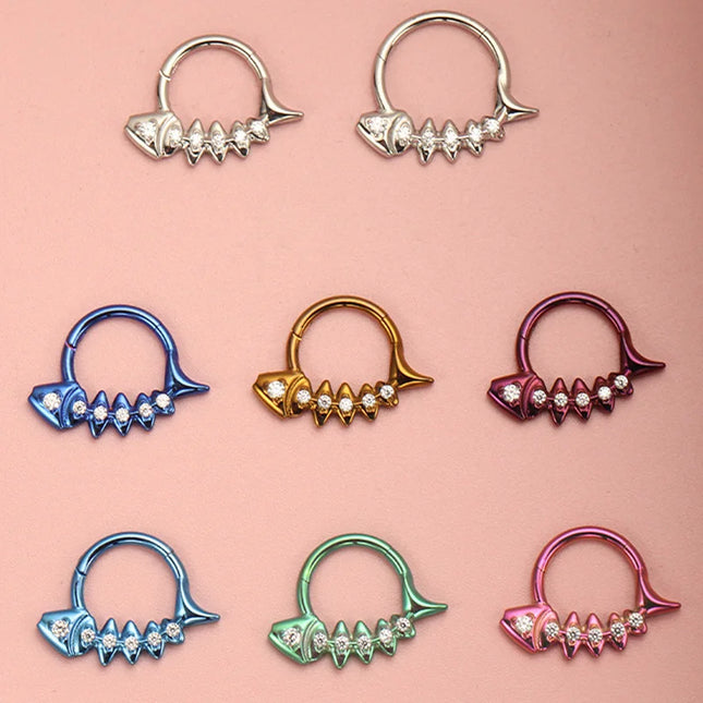 G23 Titanium Fishbone Spike Nose Ring Hinged Clicker Septem Piercing Gothic Zircon Anodized Segment Hoop Ring Daith Earring
