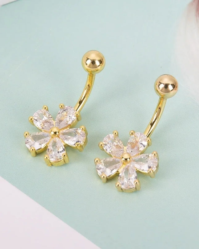 Beach Simple Belly Button Rings Stainless Steel Flower Navel Ring Crystal Zircon Body Piercing Jewelry For Women