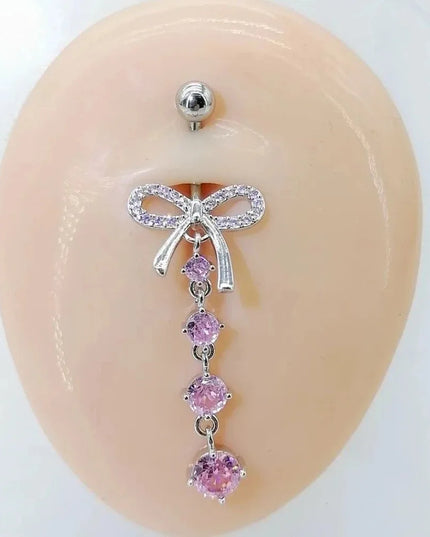Stainless Steel Bow Belly Button Piercing Heart Shape Copper Belly Button Ring Pink Zircon Navel Piercing Jewelry Body Jewelry