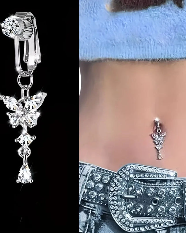 Butterfly Design Clip On Belly Button Zircon Stainless Steel Fake Belly Ring Non Piercing Faux Belly Piercing Fashion Accessory