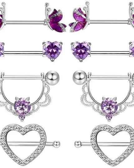 Pink Heart Nipple Piercing Barbell Set Shiny Crystal Nipple Rings Bulk For Women Flower Nippel Jewelry Pack Piercing Teton Lots