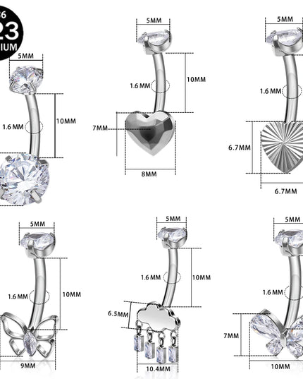 F136 G23 Titanium Belly Button Rings Hypoallergenic Internal Thread Butterfly Cloud Heart with Crystals Body Piercing Jewelry