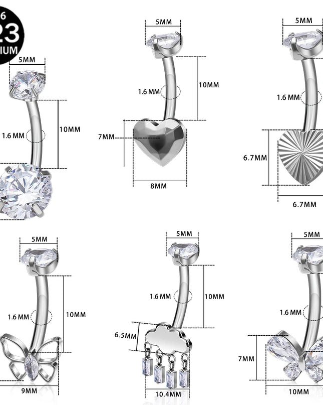 F136 G23 Titanium Belly Button Rings Hypoallergenic Internal Thread Butterfly Cloud Heart with Crystals Body Piercing Jewelry