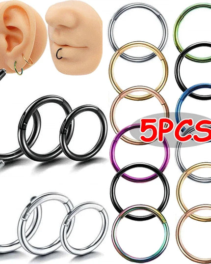 5pc Nose Rings Hoop Hinged Clicker Segment Nose Rings Ear Cartilage Ring Clip Stainless Steel Ear Nose Ring Body Jewelry Gift