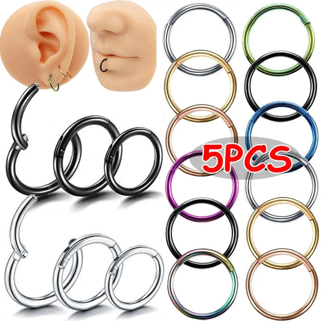 5pc Nose Rings Hoop Hinged Clicker Segment Nose Rings Ear Cartilage Ring Clip Stainless Steel Ear Nose Ring Body Jewelry Gift