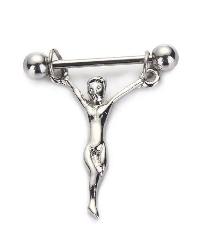 WKOUD 1Pc Stainless Steel Nipple Piercing Statue Jesus Nipple Barbells Chains Statue Of Jesus Nipple Shields Bars Body Jewelry