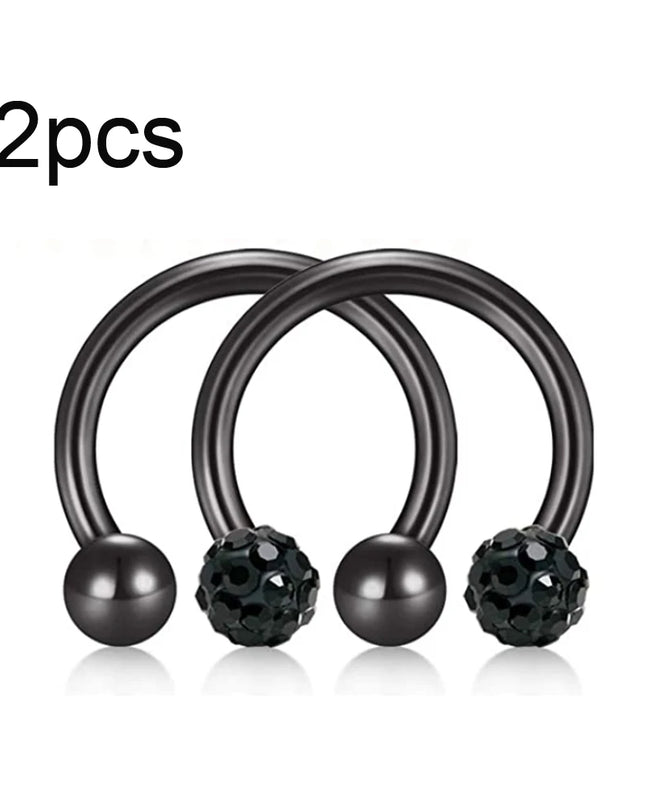 WKOUD 2pcs Crystal & Ball Nose Septum Horseshoe Earring Eyebrow Lip Helix Tragus Cartilage Piercing Ring 8mm
