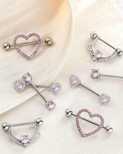 Pink Heart Nipple Piercing Barbell Set Shiny Crystal Nipple Rings Bulk For Women Flower Nippel Jewelry Pack Piercing Teton Lots