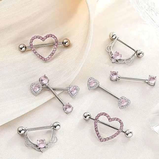 Pink Heart Nipple Piercing Barbell Set Shiny Crystal Nipple Rings Bulk For Women Flower Nippel Jewelry Pack Piercing Teton Lots