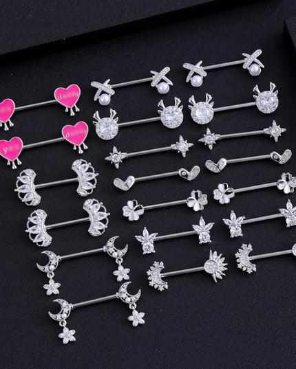 2pcs Lettering Sexy Nipple Piercing Jewelry Buttefly Cat Flower Dangled Stainless Steel Nipple Rings for Women Girls 1.6*16mm