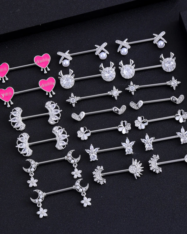 2pcs Lettering Sexy Nipple Piercing Jewelry Buttefly Cat Flower Dangled Stainless Steel Nipple Rings for Women Girls 1.6*16mm