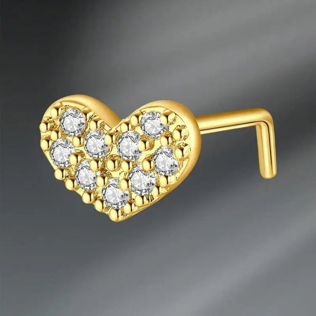 L Shaped Nose Studs Rings Cute Heart Moon Shiny Zircon Gold Silver Color Nose Piercing For Women Girl Nostril Jewelry