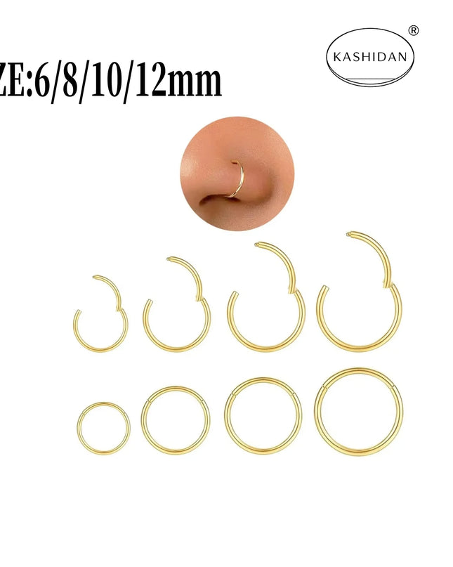 18G gold nose ring for men and women, hinged clicker septum ring for nose/cartilage/body piercing jewelry, 6mm/8mm/10mm/12mm