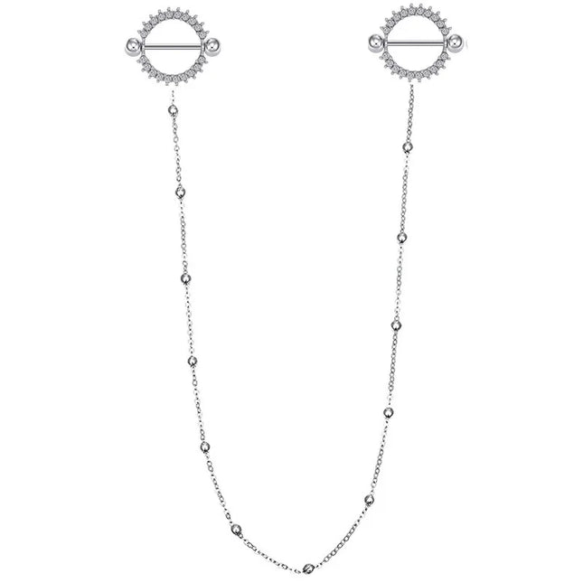 2pcs Surgical Steel Nipple Piercing with Chain Breast Shield Fake Pierced Clip Nipple Ring Cover for Women Sexy Body Jewelry 14G