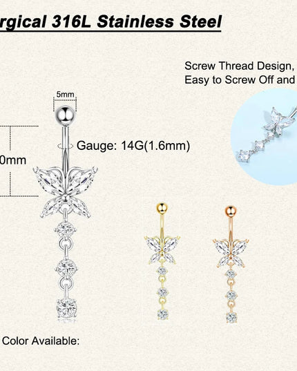 Dangle Belly Button Rings, 14G 316L Stainless Surgical Steel Cubic Zirconia Butterfly Heart Navel Ring Piercing Jewelry Barbells