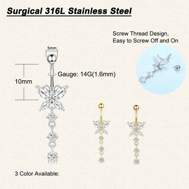 Dangle Belly Button Rings, 14G 316L Stainless Surgical Steel Cubic Zirconia Butterfly Heart Navel Ring Piercing Jewelry Barbells