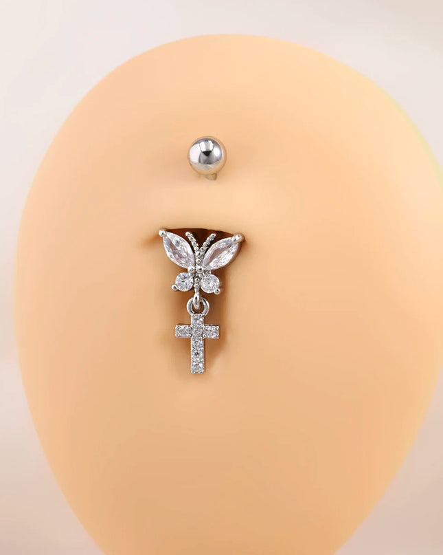 316L Stainless Steel Belly Button Ring Set Gold Color Butterfly Flower Heart Dangle Navel Piercing Jewelry for Women Fashion Bel