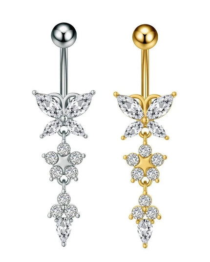 Unique Zircon Butterfly Belly Button Ring Elegant Long Chain Body Piercing Jewelry Stainless Steel Curved Barbell