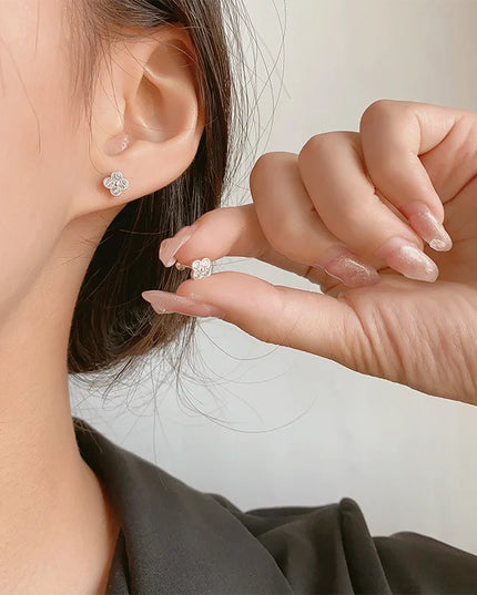 925 Sterling Silver Four Round Zircon Small Piercing Stud Earrings For Women Luxury Elegant Fine Jewelry Accessories Jewellery