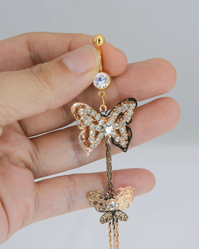 2025 Summer Belly Button Rings Stainless Steel Zircon Butterfly Navel Piercing Surgical for Women Body Belly Jewelry Pendant