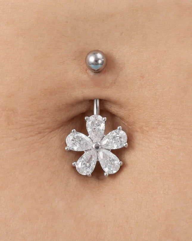 Beach Simple Belly Button Rings Stainless Steel Flower Navel Ring Crystal Zircon Body Piercing Jewelry For Women