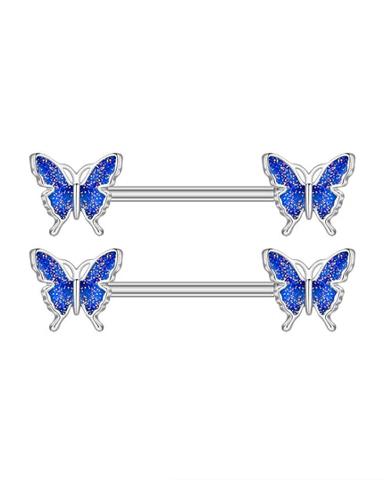2pcs Lettering Sexy Nipple Piercing Jewelry Buttefly Cat Flower Dangled Stainless Steel Nipple Rings for Women Girls 1.6*16mm