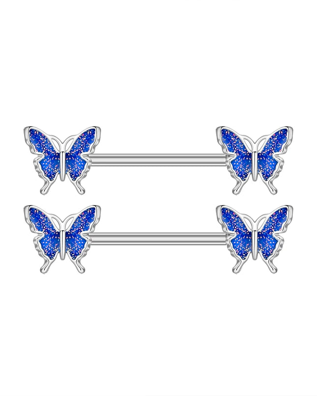 2pcs Lettering Sexy Nipple Piercing Jewelry Buttefly Cat Flower Dangled Stainless Steel Nipple Rings for Women Girls 1.6*16mm