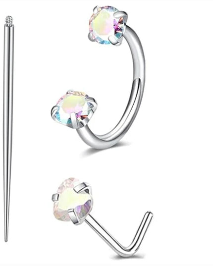 6/2pcs Horseshoe Nose Rings With L-Shape Nose Stud, Stainless Steel Rianbow CZ Nose Ring,, Lip Eyebrow Helix Ear Piercing