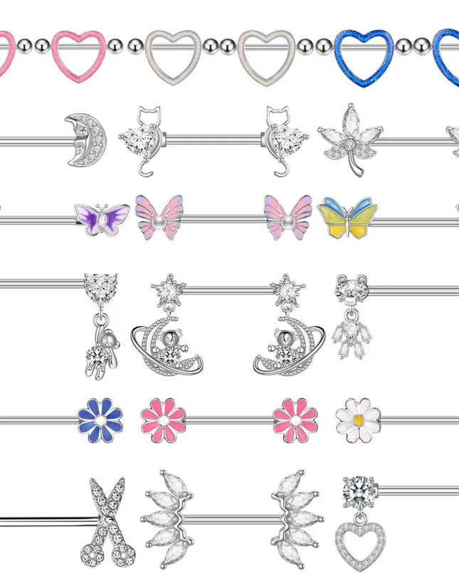 2pcs Heart Bear Dangled Nipple Piercings Screwed 14G Flower Butterfly Shield Bar Barbell Nipple Ring Piercing Nombril Jewelry