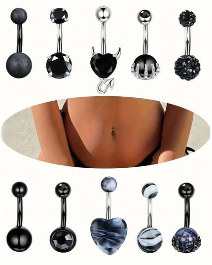 Black Belly Button Rings 10mm Surgical Steel 14G Belly Navel Rings Heart Zircon Crystal Turquoise Acrylic Belly Piercing Jewelry
