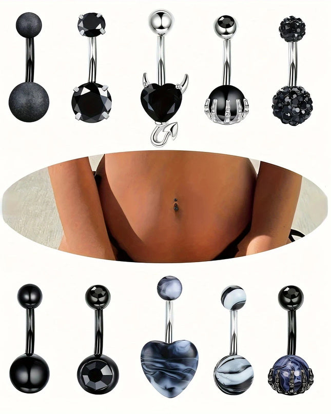 Black Belly Button Rings 10mm Surgical Steel 14G Belly Navel Rings Heart Zircon Crystal Turquoise Acrylic Belly Piercing Jewelry
