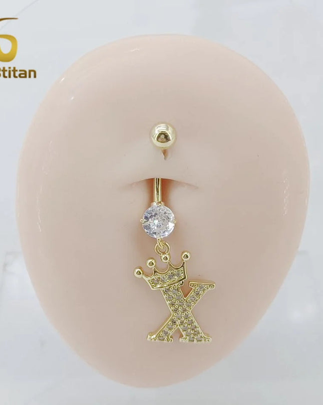 A-Z 26 Letter Initial Belly Button Rings 14G Titanium Curved Barbell Golden Zircon Navel Piercing Body Jewelry Women Accessories