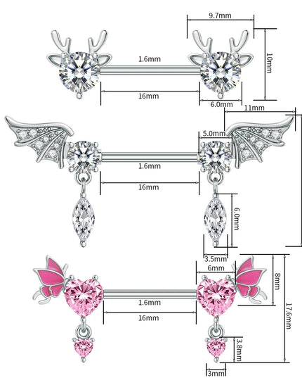 A Pair Cute Heart Dangled Nipple Piercings Barbell for Women Pink Color Moon Butterfly Shaped Sexy Nipple Rings Shield Bar Sets