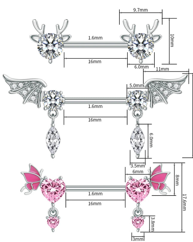 A Pair Cute Heart Dangled Nipple Piercings Barbell for Women Pink Color Moon Butterfly Shaped Sexy Nipple Rings Shield Bar Sets