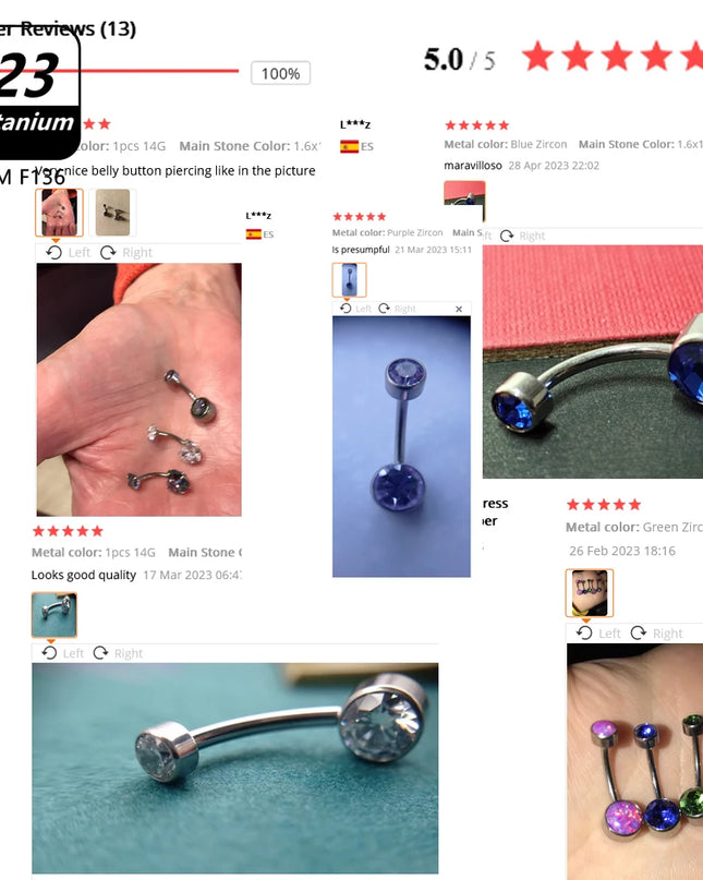 Belly Piercing Button Rings G23 Titanium Astm F136 14g Body Jewelry Internally Threaded Navel Ring Zirconia Earrings Zircon