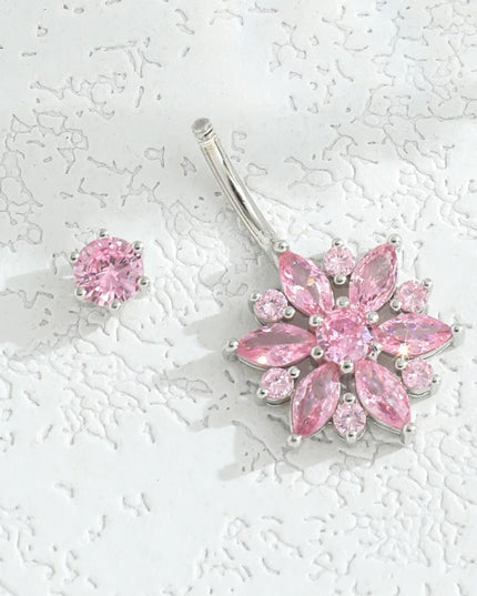 925 sterling silver belly piercing Button Bar Ring pink flower cubic zircon navel piercing jewelry