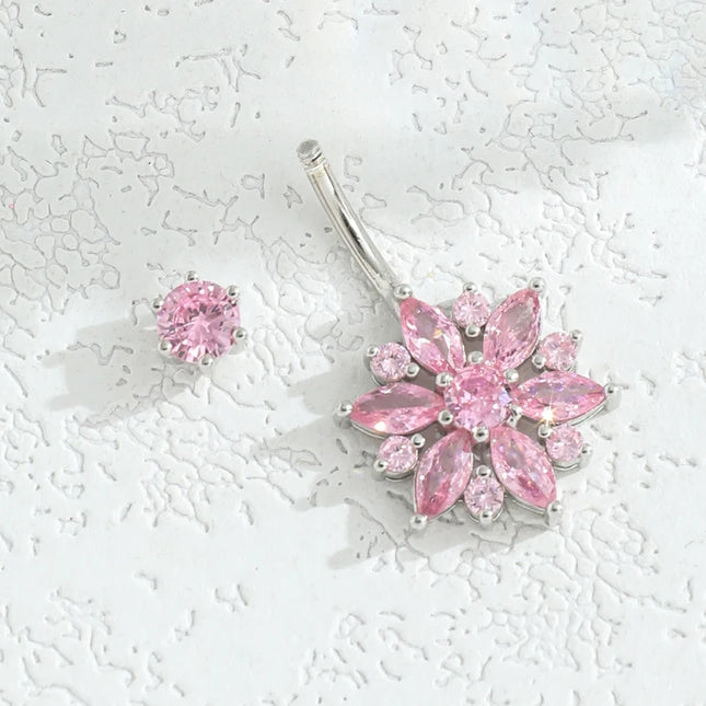 925 sterling silver belly piercing Button Bar Ring pink flower cubic zircon navel piercing jewelry