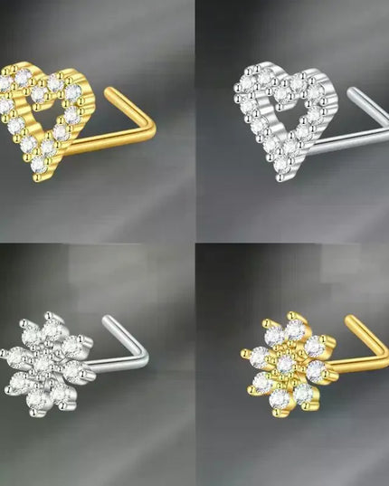 L Shaped Nose Studs Rings Cute Heart Moon Shiny Zircon Gold Silver Color Nose Piercing For Women Girl Nostril Jewelry
