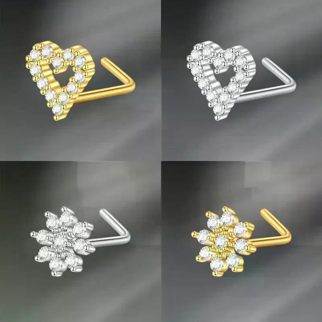 L Shaped Nose Studs Rings Cute Heart Moon Shiny Zircon Gold Silver Color Nose Piercing For Women Girl Nostril Jewelry