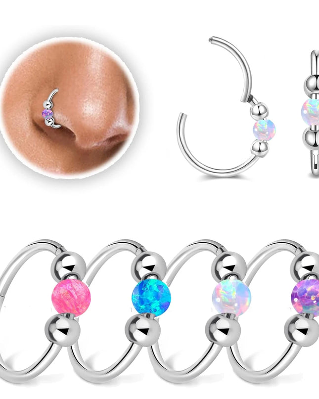 Surgical Steel Nose Rings Hoop 18g 20g Opal Septum Rings 8mm/10mm Nose Piercing Jewelry Cartilage Earring for Women