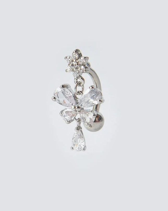 Zircon Bow Belly Button Rings Flower Head Butterfly Design Dangle Belly Rings 316 Stainless Steel Cute Reversed Navel Rings