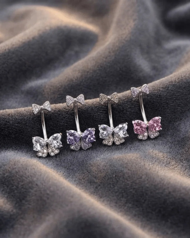 Elegant Belly Button Rings Stainless Steel Crystal Navel Piercing Jewelry Body Jewelry Barbell Style Pink Bow Belly Rings