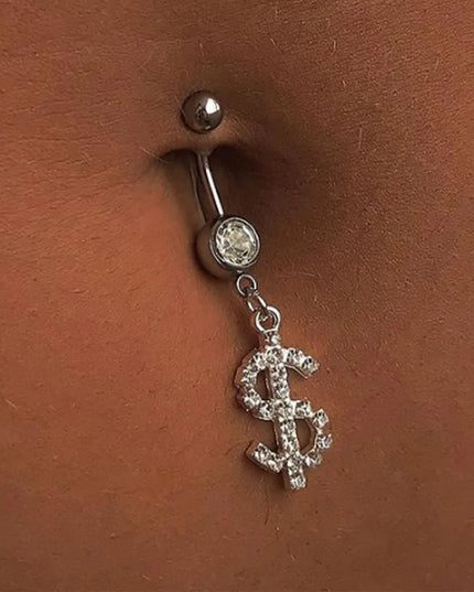 Hip Hop Dollar Belly Button Nail Rings Stainless Steel Anti Allergy Punk Rhinestone Dangle Belly Piercing Jewelry For Women Gift