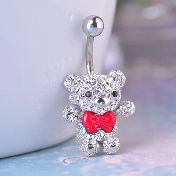Blucome Red Bow Tie Little Bear Belly Button Rings Body Piercing Jewelry Women 316L Surgical Steel Piercing 14G 1.6mm Bar
