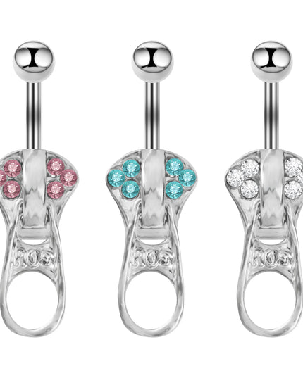MODRSA 1PC Stainless Steel Belly Button Piercing Punk Crystal Zipper Navel Ring Creative Dangle Belly Piercing Jewelry