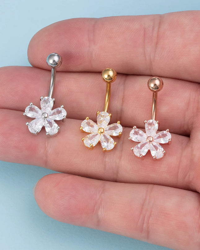 1pc Belly Button Ring Piercing Jewelry Sexy Flower Shape Navel Piercing Stainless Steel Synthetic Zirconia Material Daily Wear