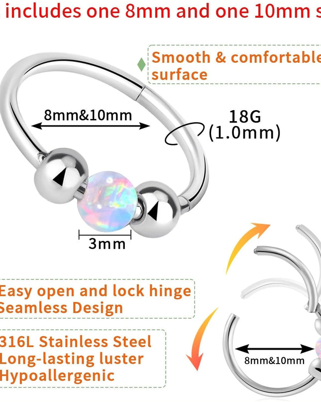 Surgical Steel Nose Rings Hoop 18g 20g Opal Septum Rings 8mm/10mm Nose Piercing Jewelry Cartilage Earring for Women