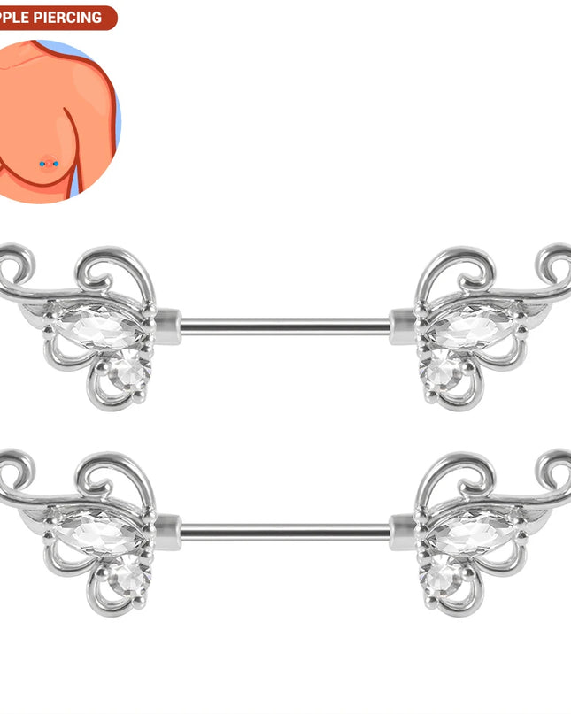 1pair Nipple Piercing Stainless Steel Nipple Rings CZ Butterfly Heart Nipple Barbell For Women Girls 16G Body Piercing Jewelry