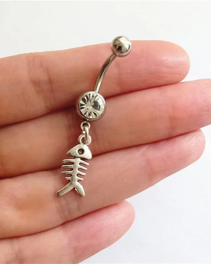 Funny Fish Bone Dangle Belly Button Ring, Skeleton Charm Surgical Stainless Steel 14 Gauge Navel Barbell Ring, Beach Jewelry