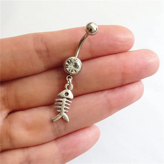Funny Fish Bone Dangle Belly Button Ring, Skeleton Charm Surgical Stainless Steel 14 Gauge Navel Barbell Ring, Beach Jewelry